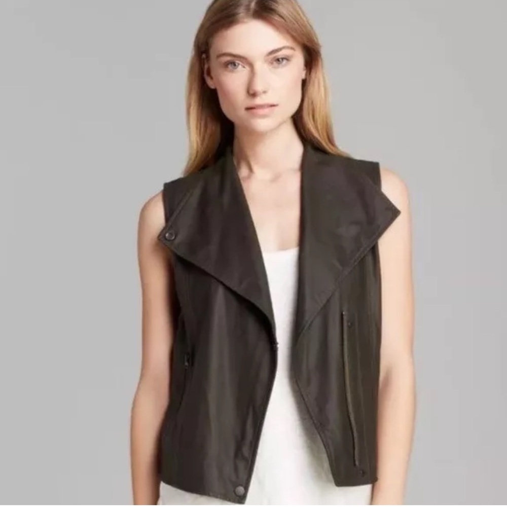 VINCE Women's Size Small Military Moto Lambskin Paper Leather Vest Jacket Olive